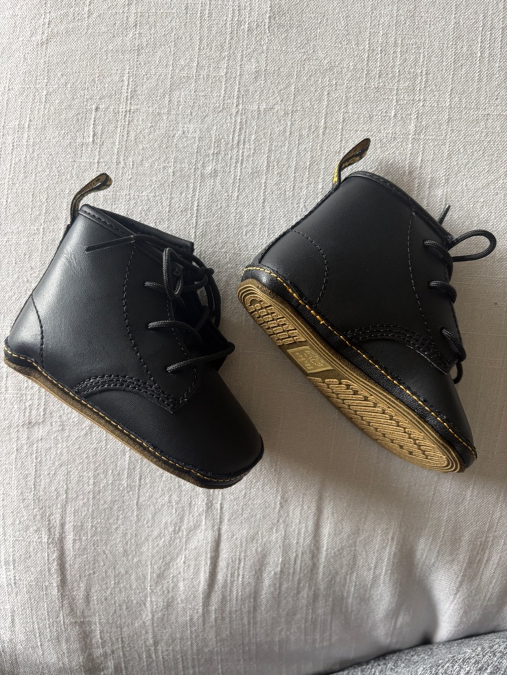 Dr. Martens Black Baby Lace-Up Ankle Boots with Yellow Stitching